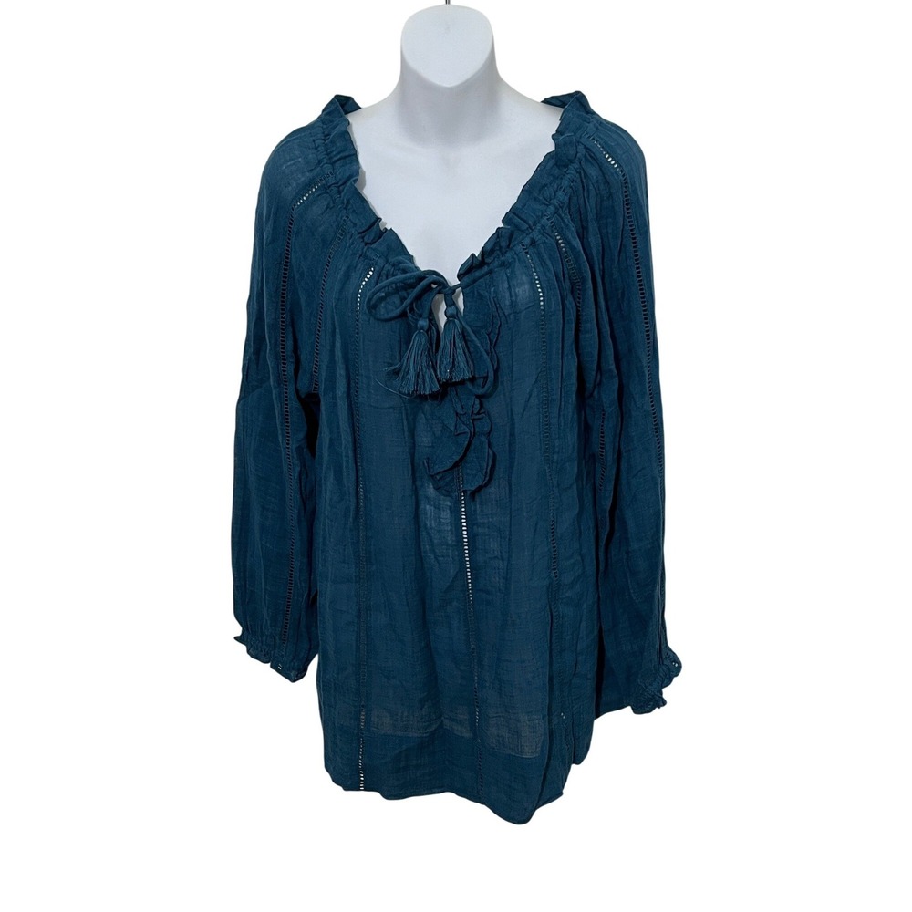 Sundance Peasant Blouse Womens Medium Teal Blue Tassel Tie Lace Trim Gauze